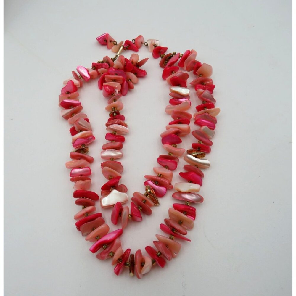 Vintage Japan Pink Shell Chip Bead Necklace Double Strand 13" Choker Extension‎